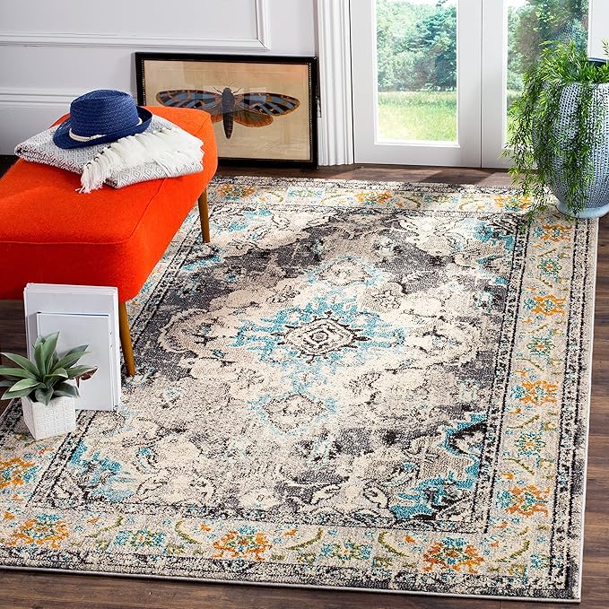 SAFAVIEH Monaco Collection Area Rug - 5'1" x 7'7", Grey & Light Blue, Boho Chic Medallion Distressed Design, Non-Shedding & Easy Care, Ideal for High Traffic Areas in Living Room, Bedroom (MNC243G)