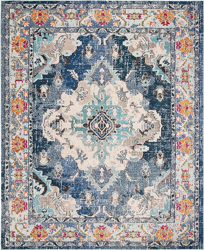 SAFAVIEH Monaco Collection Area Rug - 6'7" x 9'2", Navy & Light Blue, Boho Chic Medallion Distressed Design, Non-Shedding & Easy Care, Ideal for High Traffic Areas in Living Room, Bedroom (MNC243N)
