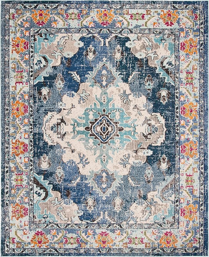 SAFAVIEH Monaco Collection Area Rug - 9' x 12', Navy & Light Blue, Boho Chic Medallion Distressed Design, Non-Shedding & Easy Care, Ideal for High Traffic Areas in Living Room, Bedroom (MNC243N)