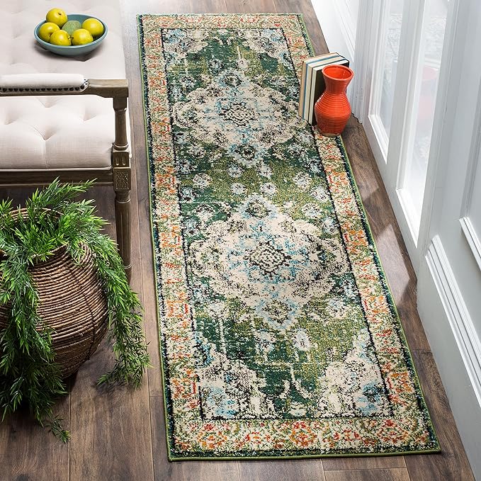 SAFAVIEH Monaco Collection Runner Rug - 2'2" x 14', Forest Green & Light Blue, Medallion Distressed Design, Non-Shedding & Easy Care, Ideal for High Traffic Areas in Living Room, Bedroom (MNC243F)