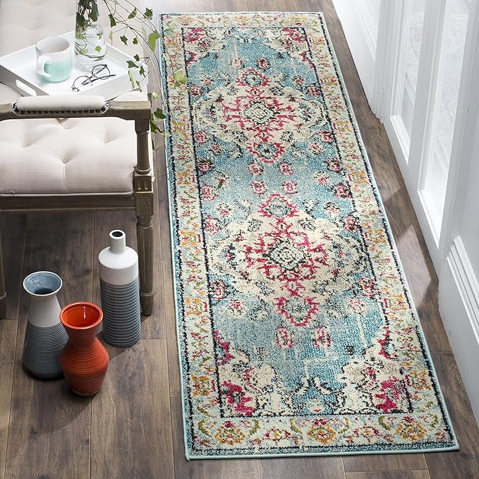 SAFAVIEH Monaco Collection Runner Rug - 2'2" x 18', Light Blue & Fuchsia, Medallion Distressed Design, Non-Shedding & Easy Care, Ideal for High Traffic Areas in Living Room, Bedroom (MNC243J)