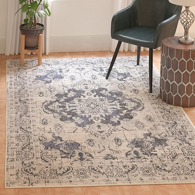 SAFAVIEH Monaco Collection Area Rug - 6'7" Square, Ivory & Grey, Boho Chic Medallion Distressed Design, Non-Shedding & Easy Care, Ideal for High Traffic Areas in Living Room, Bedroom (MNC243B)