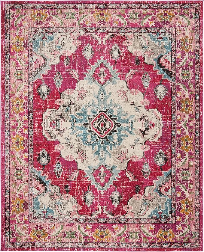 SAFAVIEH Monaco Collection X-Large Area Rug - 12' x 18', Pink & Multi, Boho Chic Medallion Distressed Design, Non-Shedding & Easy Care, Ideal for High Traffic Areas in Living Room, Bedroom (MNC243D)