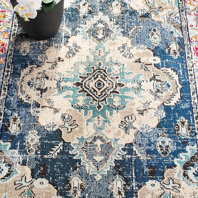 SAFAVIEH Monaco Collection Area Rug - 6'7" x 9'2", Navy & Light Blue, Boho Chic Medallion Distressed Design, Non-Shedding & Easy Care, Ideal for High Traffic Areas in Living Room, Bedroom (MNC243N)