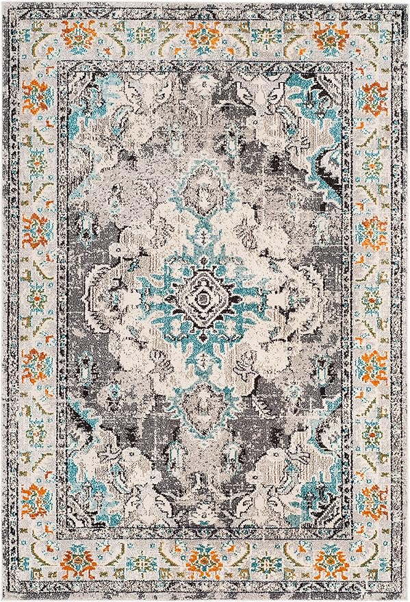 SAFAVIEH Monaco Collection Area Rug - 10' x 14', Grey & Light Blue, Boho Chic Medallion Distressed Design, Non-Shedding & Easy Care, Ideal for High Traffic Areas in Living Room, Bedroom (MNC243G)