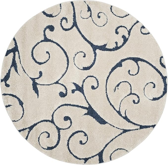 SAFAVIEH Florida Shag Collection 9' Round Cream/Blue SG455 Scrolling Vine Graceful Swirl Textured Non-Shedding Living Room Bedroom Dining Room Entryway Plush 1.2-inch Thick Area Rug