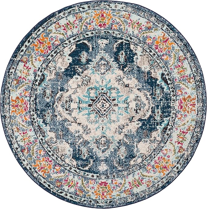 SAFAVIEH Monaco Collection Area Rug - 8' Round, Navy & Light Blue, Boho Chic Medallion Distressed Design, Non-Shedding & Easy Care, Ideal for High Traffic Areas in Living Room, Bedroom (MNC243N)