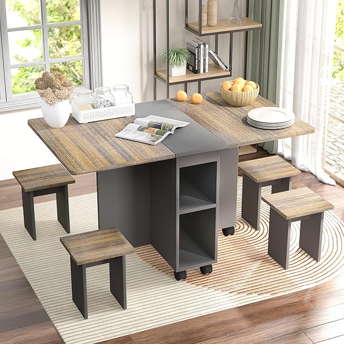 Ball & Cast 5 Pieces Folding Extendable Dining Table Set with 4 Chairs for 4 Peoples,55'' Drop Leaf Wood Kitchen Table Set w/Storage and 6 Wheels,Easy to Assemble,for Small Space,Brown+Gray