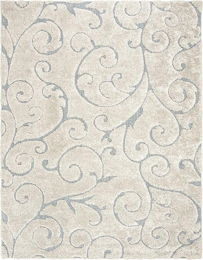 SAFAVIEH Florida Shag Collection Area Rug - 9'6" x 13', Beige & Blue Grey, Scroll Design, Non-Shedding & Easy Care, 1.2-inch Thick Ideal for High Traffic Areas in Living Room, Bedroom (SG455-1155)