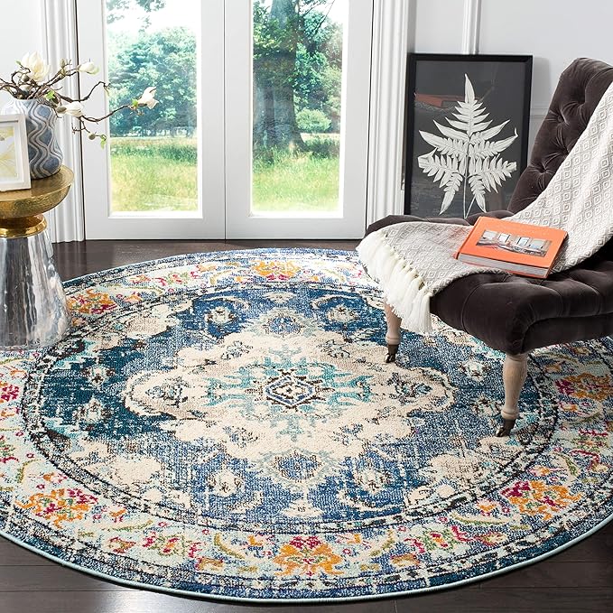 SAFAVIEH Monaco Collection Area Rug - 8' Round, Navy & Light Blue, Boho Chic Medallion Distressed Design, Non-Shedding & Easy Care, Ideal for High Traffic Areas in Living Room, Bedroom (MNC243N)