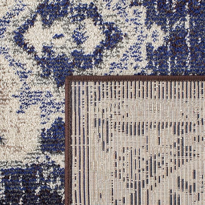 SAFAVIEH Monaco Collection Area Rug - 6'7" Square, Ivory & Navy, Boho Chic Medallion Distressed Design, Non-Shedding & Easy Care, Ideal for High Traffic Areas in Living Room, Bedroom (MNC243C)
