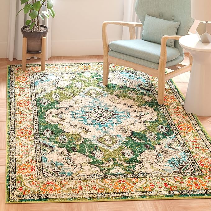 SAFAVIEH Monaco Collection Area Rug - 12' Square, Forest Green & Light Blue, Medallion Distressed Design, Non-Shedding & Easy Care, Ideal for High Traffic Areas in Living Room, Bedroom (MNC243F)