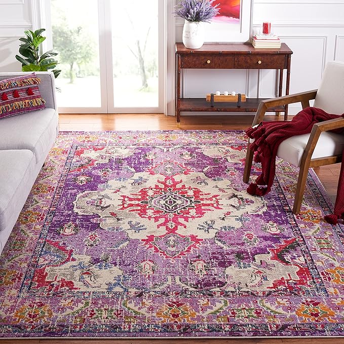 SAFAVIEH Monaco Collection Area Rug - 6'7" Square, Violet & Fuchsia, Boho Chic Medallion Distressed Design, Non-Shedding & Easy Care, Ideal for High Traffic Areas in Living Room, Bedroom (MNC243P)