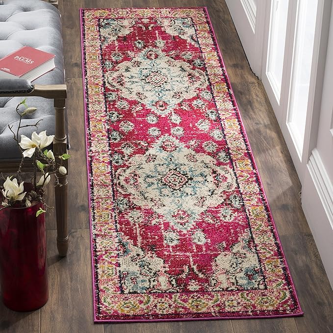 SAFAVIEH Monaco Collection Runner Rug - 2'2" x 16', Pink & Multi, Boho Chic Medallion Distressed Design, Non-Shedding & Easy Care, Ideal for High Traffic Areas in Living Room, Bedroom (MNC243D)