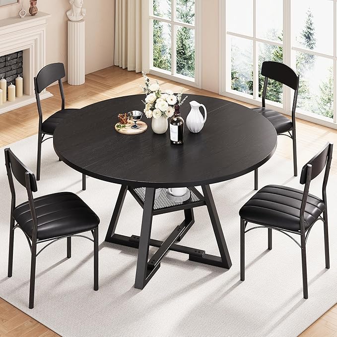 Round Dining Table Set for 4, Kitchen Table and Chairs for 4, Circle Table Round Pedestal Dining Room Dinner Dinette Table Set,5 Piece Space Saving Wood Kitchen & Dining Room Tables (Black, 42In)