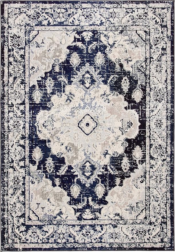 SAFAVIEH Monaco Collection Accent Rug - 4' x 5'7", Ivory & Navy, Boho Medallion Distressed Design, Non-Shedding & Easy Care, Ideal for High Traffic Areas in Entryway, Living Room, Bedroom (MNC243C)