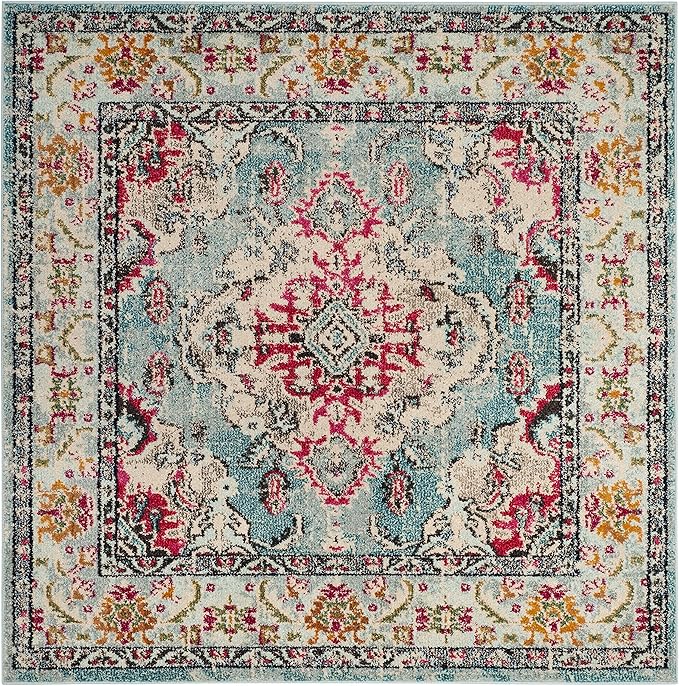 SAFAVIEH Monaco Collection Area Rug - 3' Square, Light Blue & Fuchsia, Boho Chic Medallion Distressed Design, Non-Shedding & Easy Care, Ideal for High Traffic Areas in Living Room, Bedroom (MNC243J)