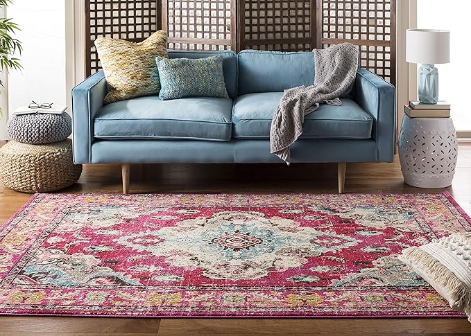 SAFAVIEH Monaco Collection Area Rug - 9' x 12', Pink & Multi, Boho Chic Medallion Distressed Design, Non-Shedding & Easy Care, Ideal for High Traffic Areas in Living Room, Bedroom (MNC243D)