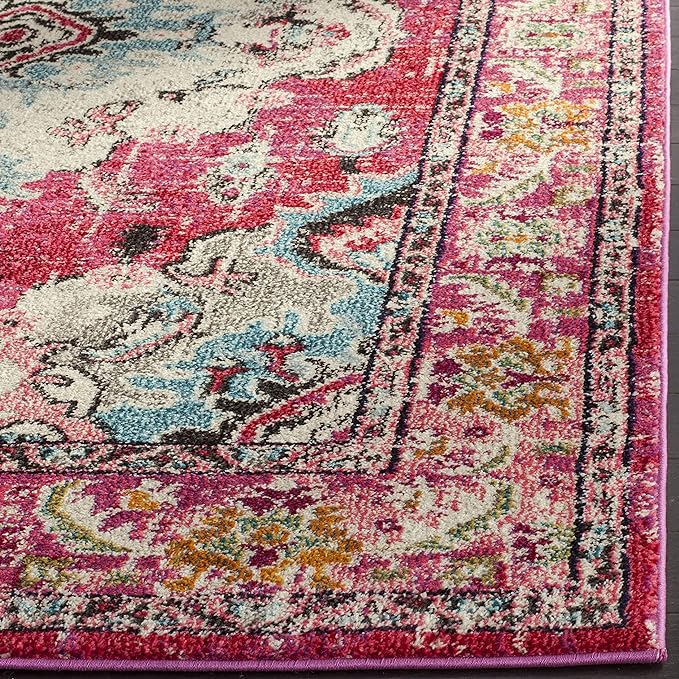 SAFAVIEH Monaco Collection X-Large Area Rug - 11' x 15', Pink & Multi, Boho Chic Medallion Distressed Design, Non-Shedding & Easy Care, Ideal for High Traffic Areas in Living Room, Bedroom (MNC243D)