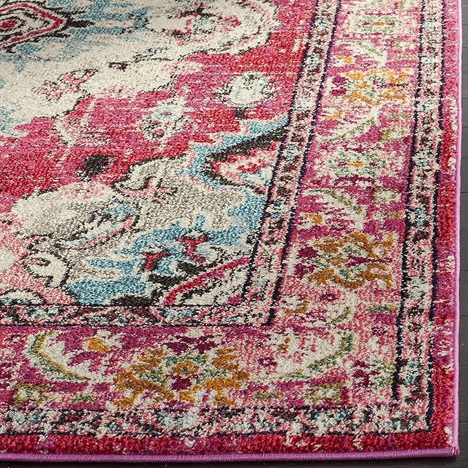 SAFAVIEH Monaco Collection Area Rug - 6'7" Square, Pink & Multi, Boho Chic Medallion Distressed Design, Non-Shedding & Easy Care, Ideal for High Traffic Areas in Living Room, Bedroom (MNC243D)