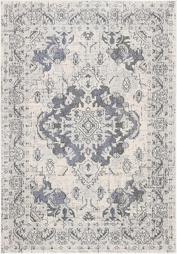 SAFAVIEH Monaco Collection Area Rug - 6'7" x 9'2", Ivory & Grey, Boho Chic Medallion Distressed Design, Non-Shedding & Easy Care, Ideal for High Traffic Areas in Living Room, Bedroom (MNC243B)
