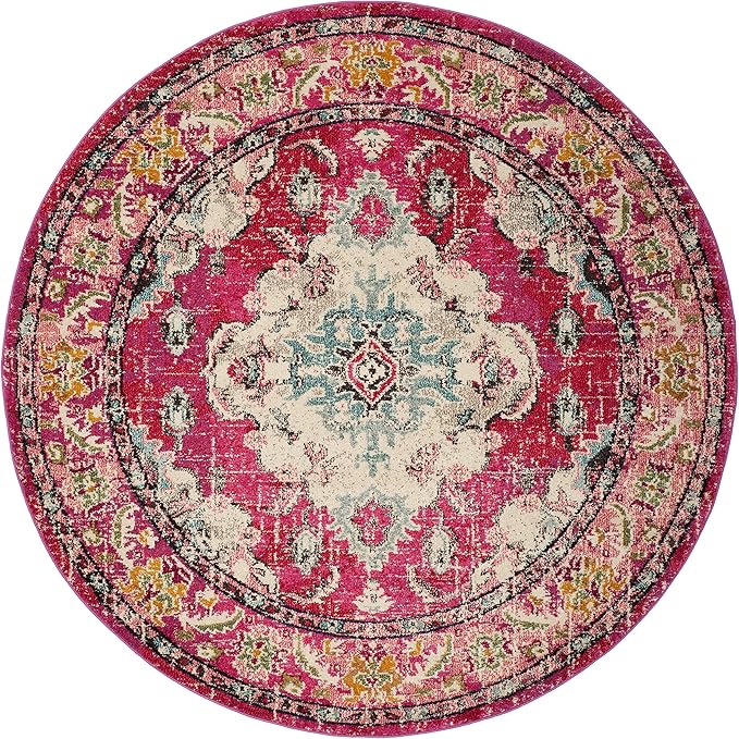 SAFAVIEH Monaco Collection Area Rug - 5' Round, Pink & Multi, Boho Chic Medallion Distressed Design, Non-Shedding & Easy Care, Ideal for High Traffic Areas in Living Room, Bedroom (MNC243D)
