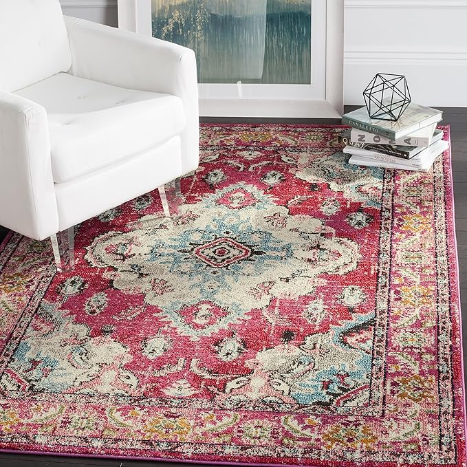SAFAVIEH Monaco Collection Accent Rug - 4' x 5'7", Pink & Multi, Boho Medallion Distressed Design, Non-Shedding & Easy Care, Ideal for High Traffic Areas in Entryway, Living Room, Bedroom (MNC243D)
