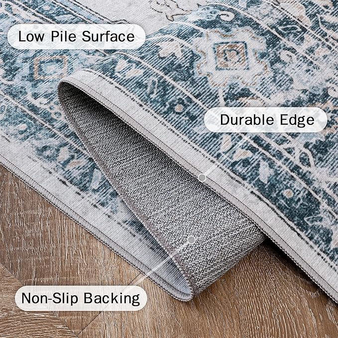 GENIMO Runner Rug 2'6''x10, Non Slip Vintage Hallway Runner Rugs, Low Pile Lightweight Machine Washable Mat for Hallway, Entryway, Bedroom, Kitchen and Corridor, Blue