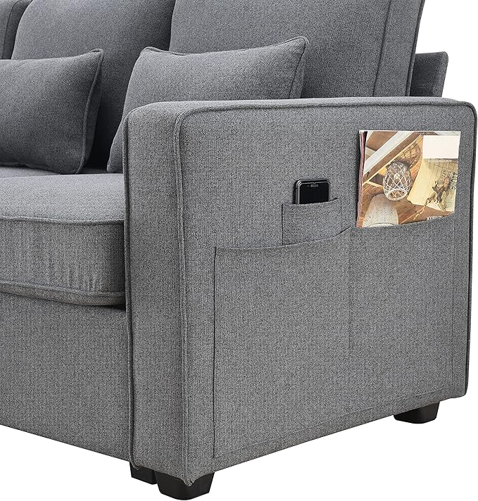 104" 4-Seater Modern Linen Fabric Sofa with Armrest Pockets,Minimalist Style Wood Frame Couch,w/ 4 Pillows,for Living Room,Apartment,Office,Dark Grey