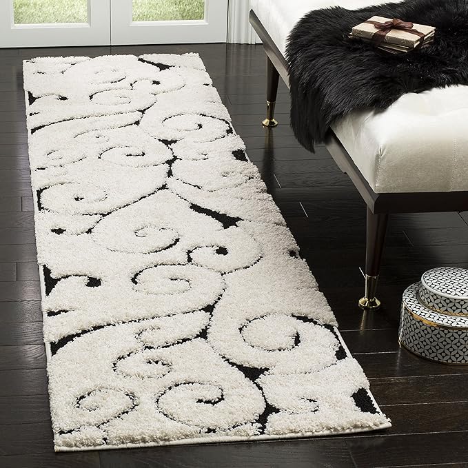 SAFAVIEH Florida Shag Collection Runner Rug - 2'3" x 8', Ivory & Black, Scroll Design, Non-Shedding & Easy Care, 1.2-inch Thick Ideal for High Traffic Areas in Living Room, Bedroom (SG455-1290)
