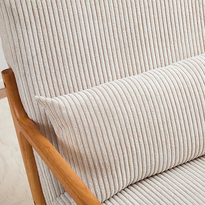 Ball & Cast Living Room Chair with Pillow,Mid-Century Modern Armchair w/Solid Wood Frame & Extra-Thick Backrest,Upholstered Reading Accent Chair for Bedroom,Beige