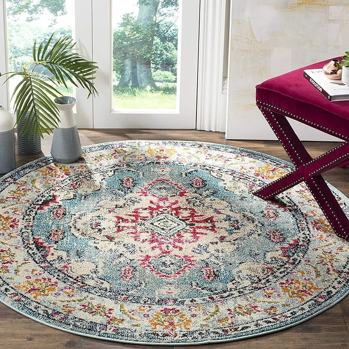 SAFAVIEH Monaco Collection Area Rug - 5' Round, Light Blue & Fuchsia, Boho Chic Medallion Distressed Design, Non-Shedding & Easy Care, Ideal for High Traffic Areas in Living Room, Bedroom (MNC243J)