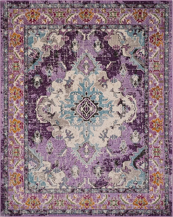 SAFAVIEH Monaco Collection Area Rug - 8' x 11', Violet & Light Blue, Boho Chic Medallion Distressed Design, Non-Shedding & Easy Care, Ideal for High Traffic Areas in Living Room, Bedroom (MNC243L)