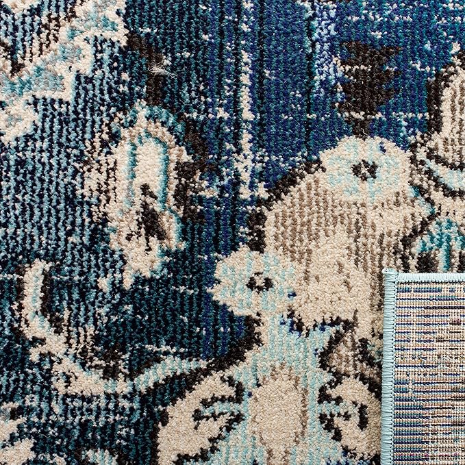SAFAVIEH Monaco Collection Area Rug - 8' Square, Navy & Light Blue, Boho Chic Medallion Distressed Design, Non-Shedding & Easy Care, Ideal for High Traffic Areas in Living Room, Bedroom (MNC243N)
