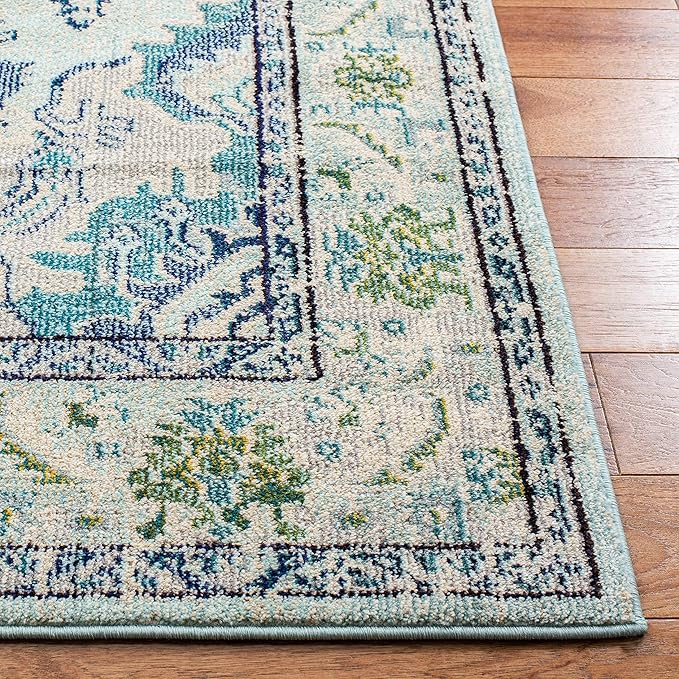 SAFAVIEH Monaco Collection Area Rug - 5'1" x 7'7", Light Blue & Ivory, Boho Chic Medallion Distressed Design, Non-Shedding & Easy Care, Ideal for High Traffic Areas in Living Room, Bedroom (MNC243K)