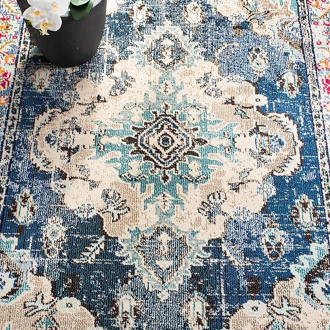 SAFAVIEH Monaco Collection Runner Rug - 2'2" x 12', Navy & Light Blue, Boho Chic Medallion Distressed Design, Non-Shedding & Easy Care, Ideal for High Traffic Areas in Living Room, Bedroom (MNC243N)