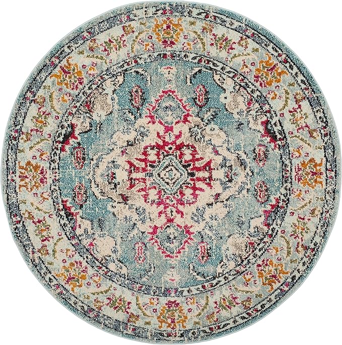 SAFAVIEH Monaco Collection Area Rug - 3' Round, Light Blue & Fuchsia, Boho Chic Medallion Distressed Design, Non-Shedding & Easy Care, Ideal for High Traffic Areas in Living Room, Bedroom (MNC243J)