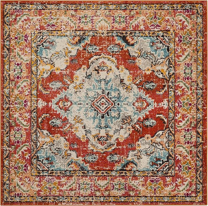 SAFAVIEH Monaco Collection Area Rug - 3' Square, Orange & Light Blue, Boho Chic Medallion Distressed Design, Non-Shedding & Easy Care, Ideal for High Traffic Areas in Living Room, Bedroom (MNC243H)