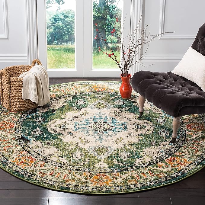 SAFAVIEH Monaco Collection Area Rug - 8'8" Round, Forest Green & Light Blue, Medallion Distressed Design, Non-Shedding & Easy Care, Ideal for High Traffic Areas in Living Room, Bedroom (MNC243F)