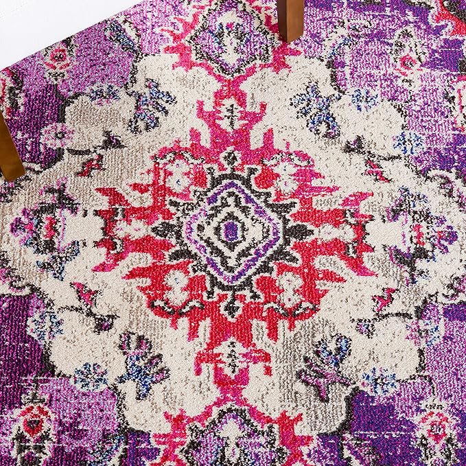 SAFAVIEH Monaco Collection Area Rug - 5'1" x 7'7", Violet & Fuchsia, Boho Chic Medallion Distressed Design, Non-Shedding & Easy Care, Ideal for High Traffic Areas in Living Room, Bedroom (MNC243P)