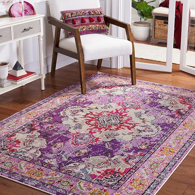 SAFAVIEH Monaco Collection Accent Rug - 4' x 5'7", Violet & Fuchsia, Medallion Distressed Design, Non-Shedding & Easy Care, Ideal for High Traffic Areas in Entryway, Living Room, Bedroom (MNC243P)