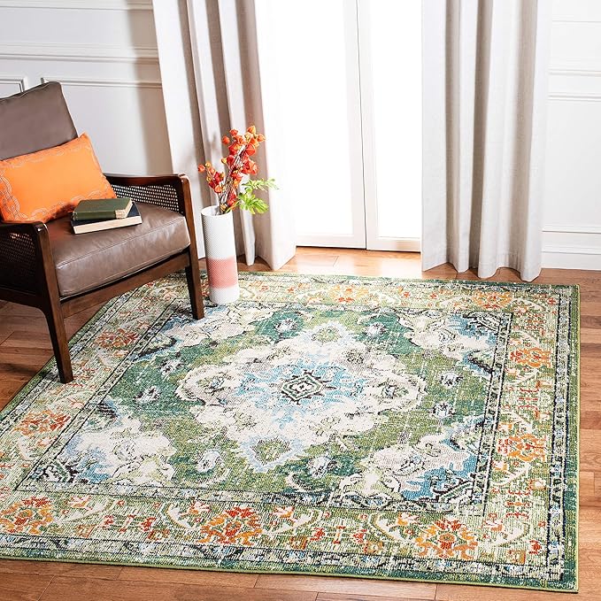 SAFAVIEH Monaco Collection Area Rug - 8' Square, Forest Green & Light Blue, Medallion Distressed Design, Non-Shedding & Easy Care, Ideal for High Traffic Areas in Living Room, Bedroom (MNC243F)