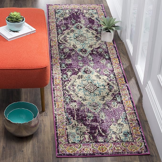 SAFAVIEH Monaco Collection Runner Rug - 2'2" x 12', Violet & Light Blue, Boho Chic Medallion Distressed Design, Non-Shedding & Easy Care, Ideal for High Traffic Areas in Living Room, Bedroom (MNC243L)