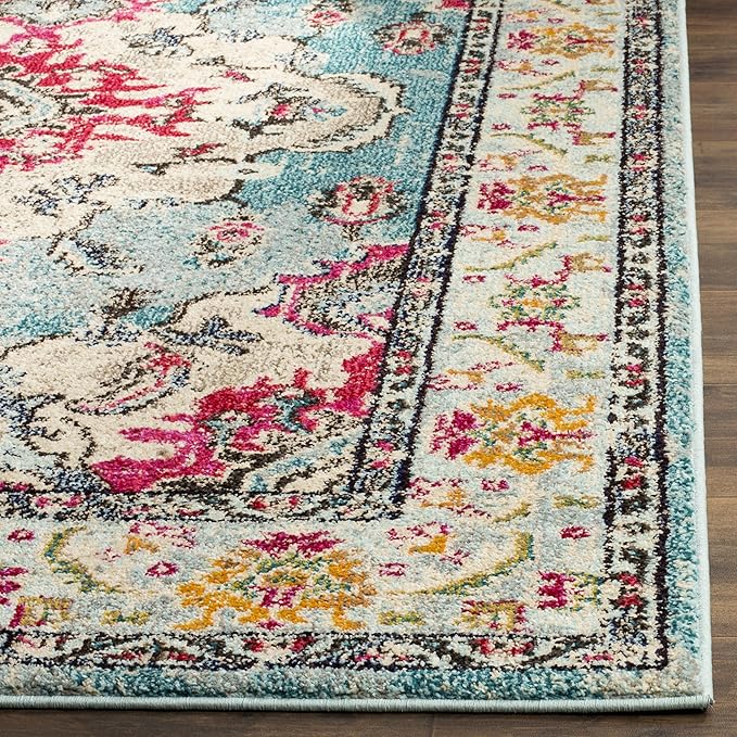 SAFAVIEH Monaco Collection Accent Rug - 4' x 5'7", Light Blue & Fuchsia, Medallion Distressed Design, Non-Shedding & Easy Care, Ideal for High Traffic Areas in Entryway, Living Room, Bedroom (MNC243J)