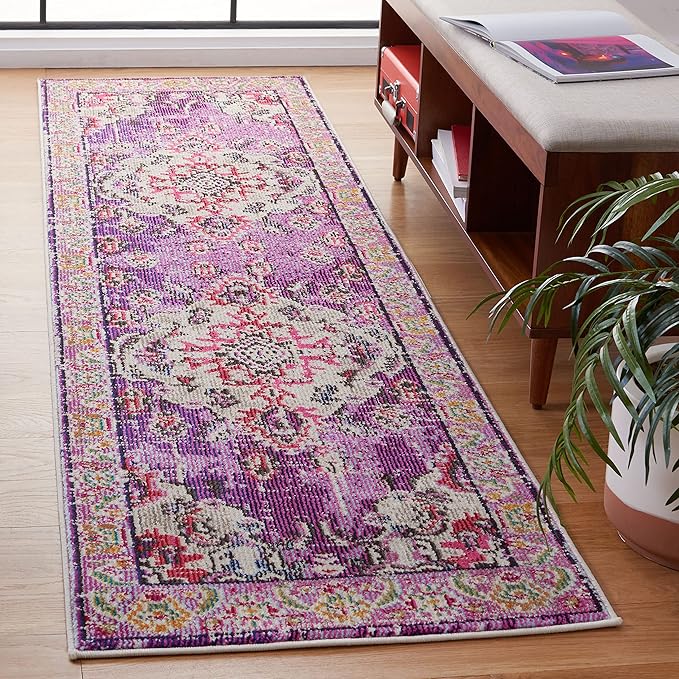 SAFAVIEH Monaco Collection Runner Rug - 2'2" x 10', Violet & Fuchsia, Boho Chic Medallion Distressed Design, Non-Shedding & Easy Care, Ideal for High Traffic Areas in Living Room, Bedroom (MNC243P)