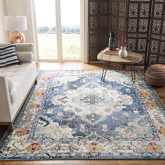 SAFAVIEH Monaco Collection X-Large Area Rug - 12' x 18', Navy & Light Blue, Medallion Distressed Design, Non-Shedding & Easy Care, Ideal for High Traffic Areas in Living Room, Bedroom (MNC243N)