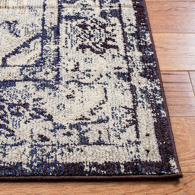 SAFAVIEH Monaco Collection Accent Rug - 4' x 5'7", Ivory & Navy, Boho Medallion Distressed Design, Non-Shedding & Easy Care, Ideal for High Traffic Areas in Entryway, Living Room, Bedroom (MNC243C)
