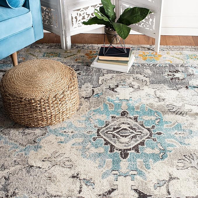 SAFAVIEH Monaco Collection Area Rug - 6'7" Square, Grey & Light Blue, Boho Chic Medallion Distressed Design, Non-Shedding & Easy Care, Ideal for High Traffic Areas in Living Room, Bedroom (MNC243G)