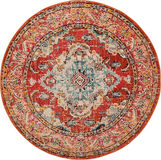 SAFAVIEH Monaco Collection Area Rug - 3' Round, Orange & Light Blue, Boho Chic Medallion Distressed Design, Non-Shedding & Easy Care, Ideal for High Traffic Areas in Living Room, Bedroom (MNC243H)