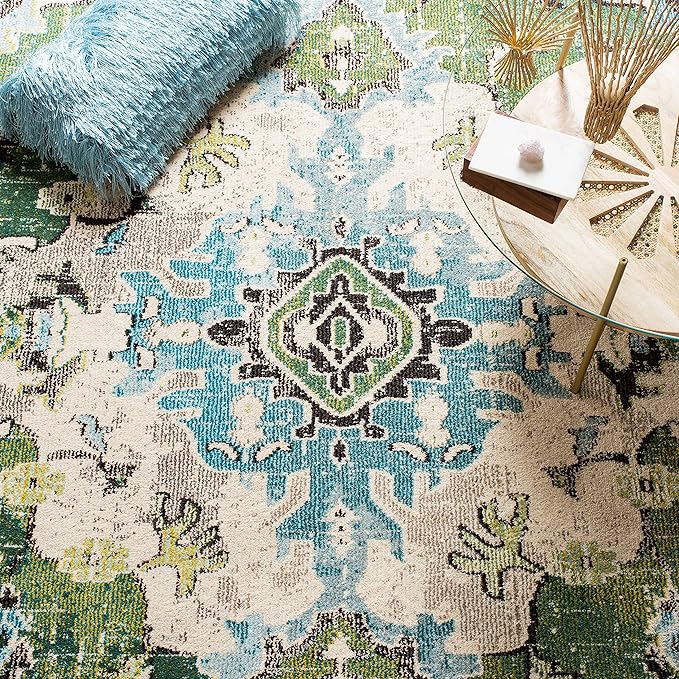 SAFAVIEH Monaco Collection Area Rug - 5' Square, Forest Green & Light Blue, Medallion Distressed Design, Non-Shedding & Easy Care, Ideal for High Traffic Areas in Living Room, Bedroom (MNC243F)
